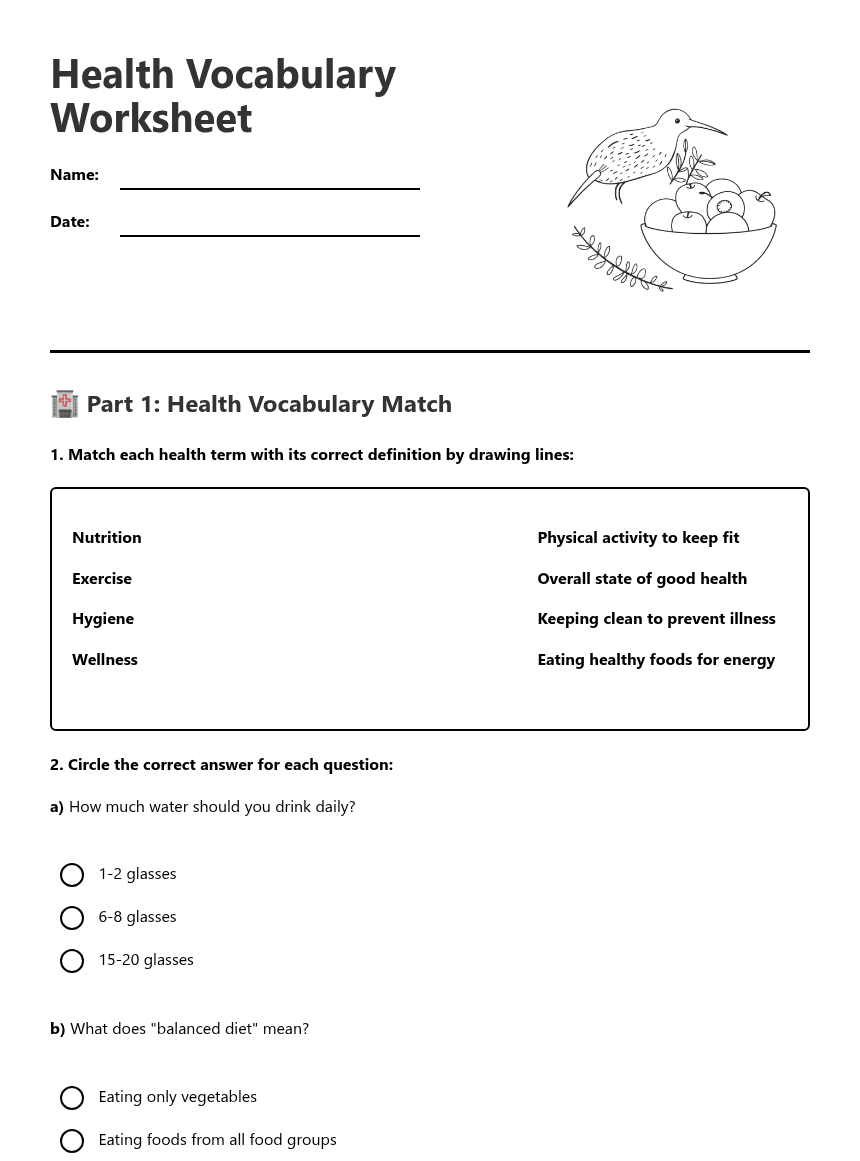 Health Vocabulary Worksheet worksheet preview