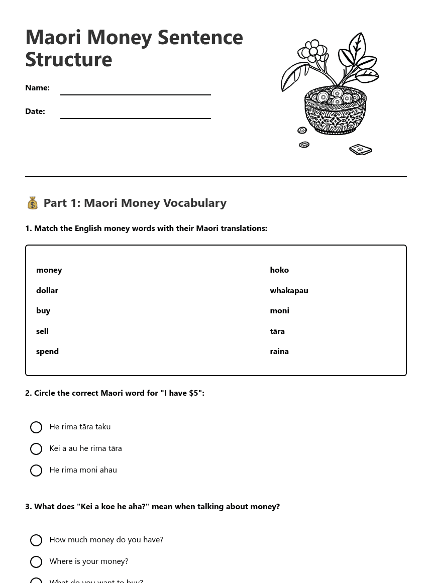 Maori Money Sentence Structure worksheet preview