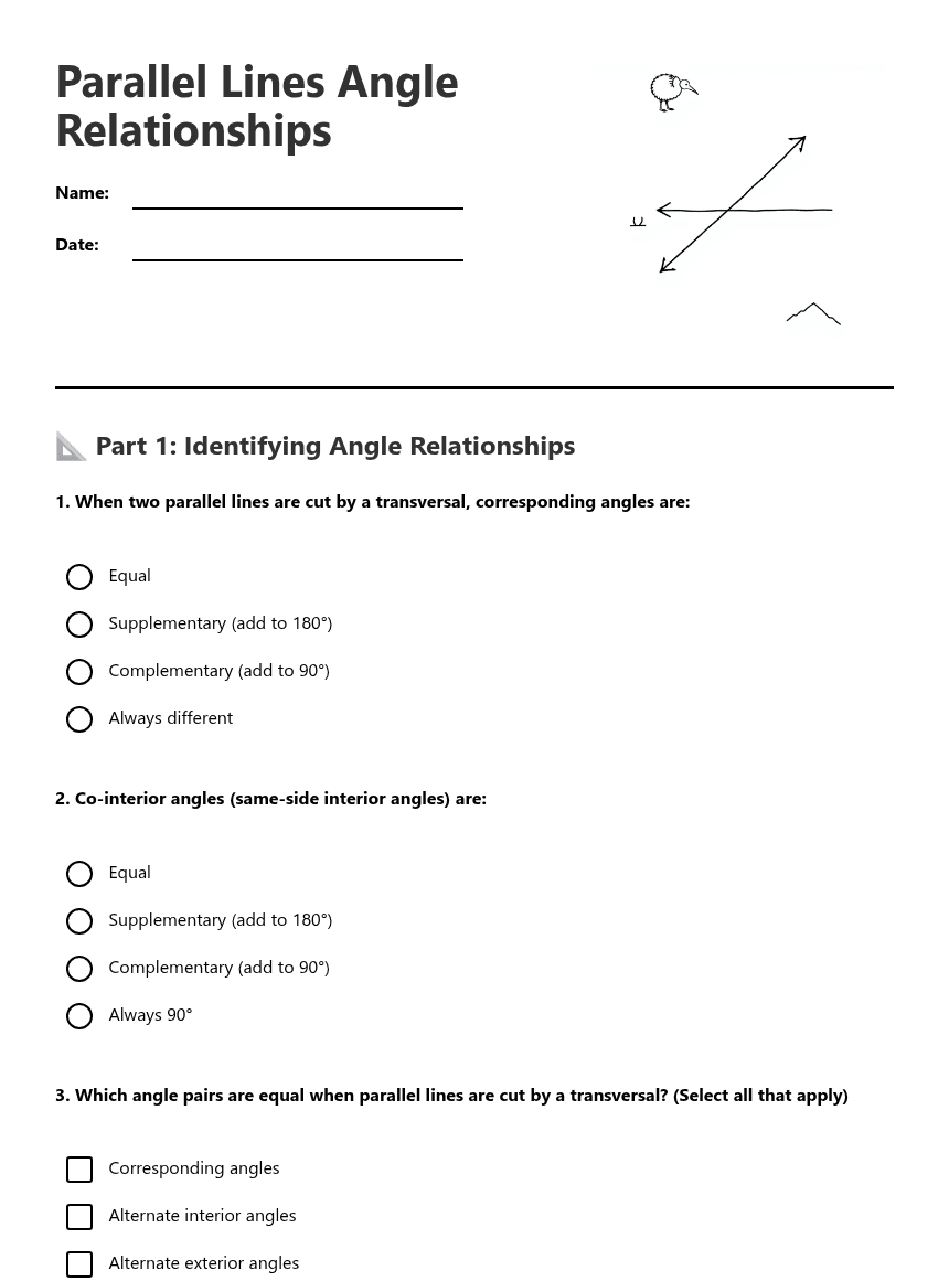 Parallel Lines Angle Relationships worksheet preview