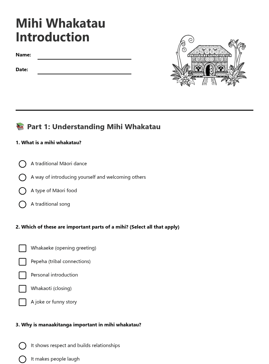 Mihi Whakatau Introduction worksheet preview