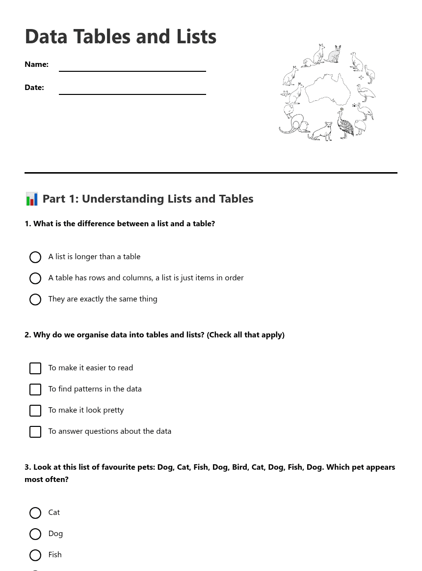 Data Tables and Lists worksheet preview