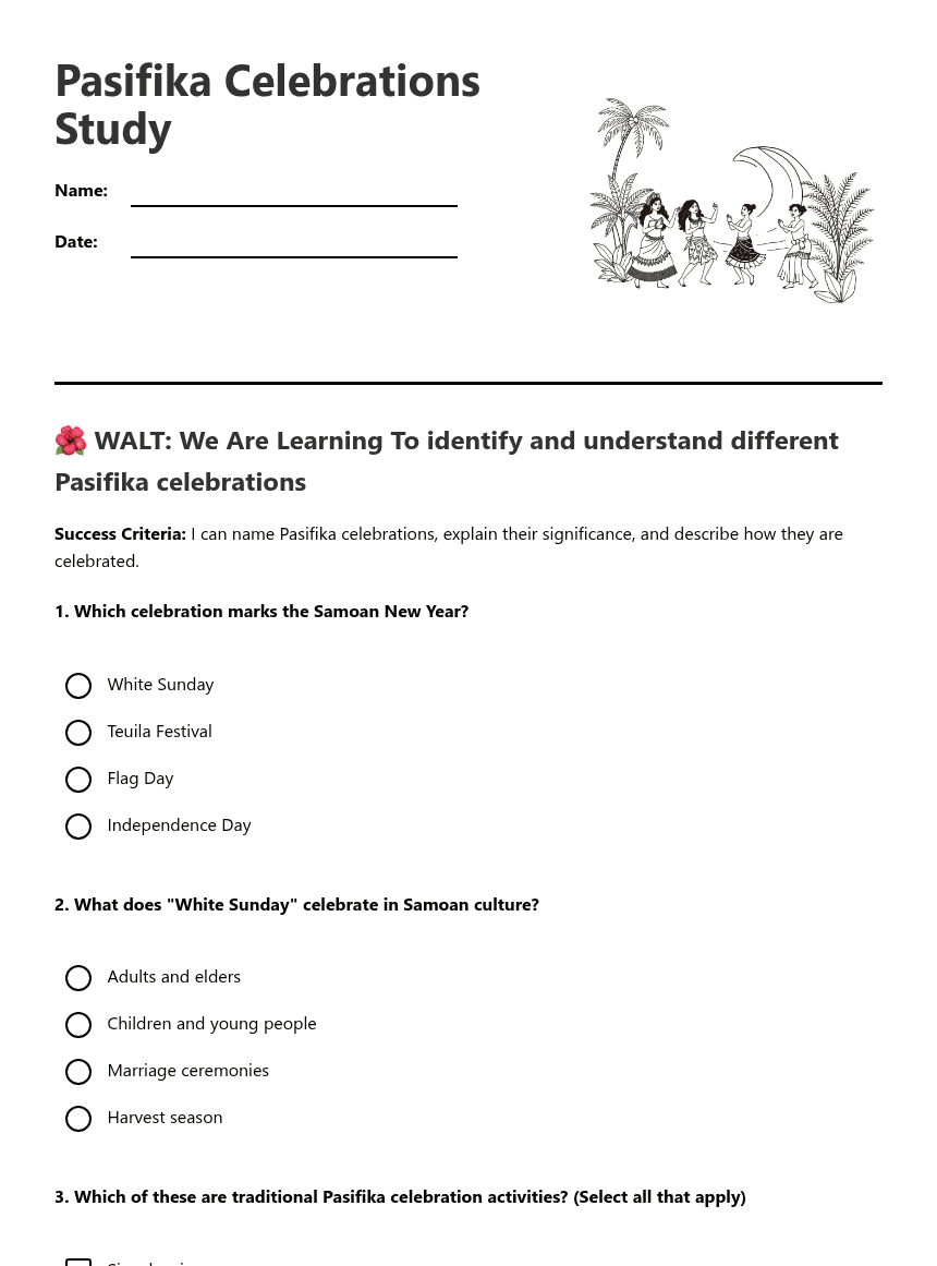 Pasifika Celebrations Study worksheet preview