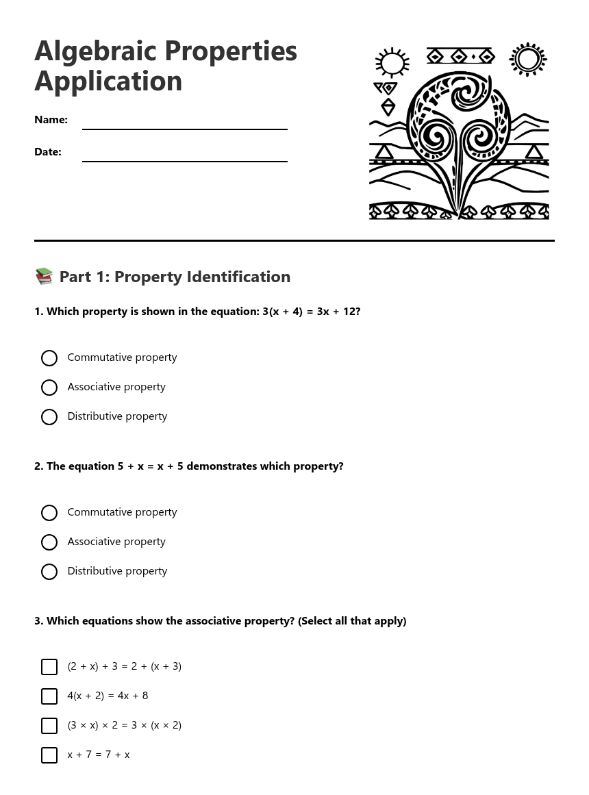 Algebraic Properties Application worksheet preview