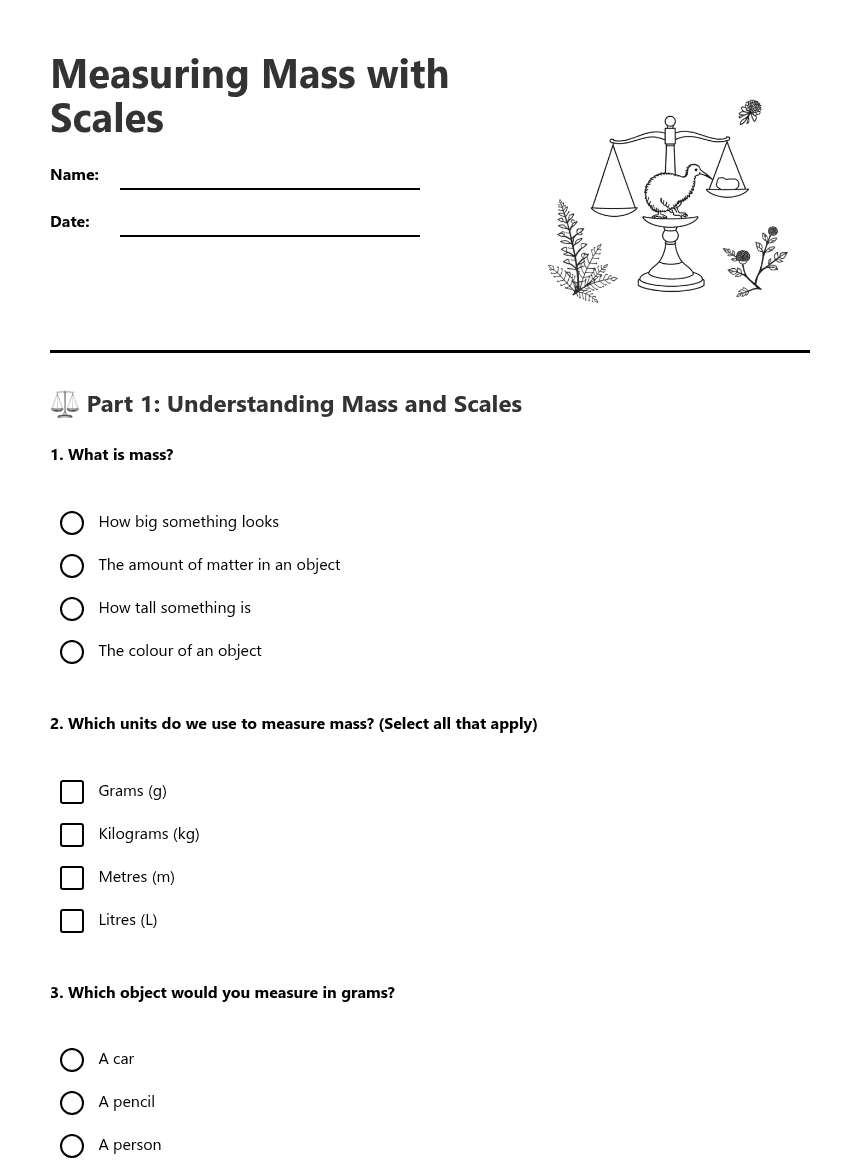 Measuring Mass with Scales worksheet preview