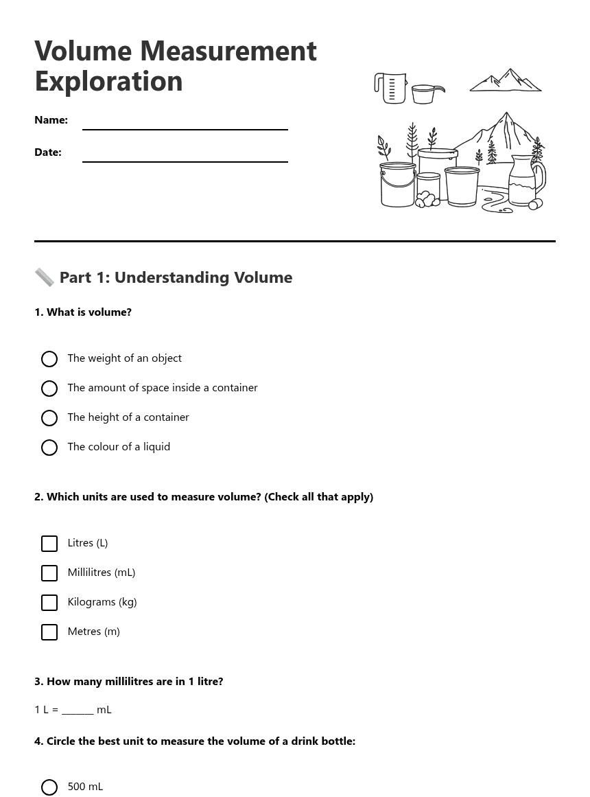 Volume Measurement Exploration worksheet preview