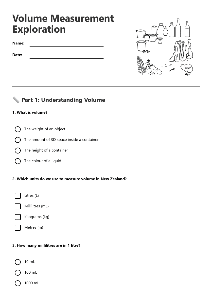 Volume Measurement Exploration worksheet preview
