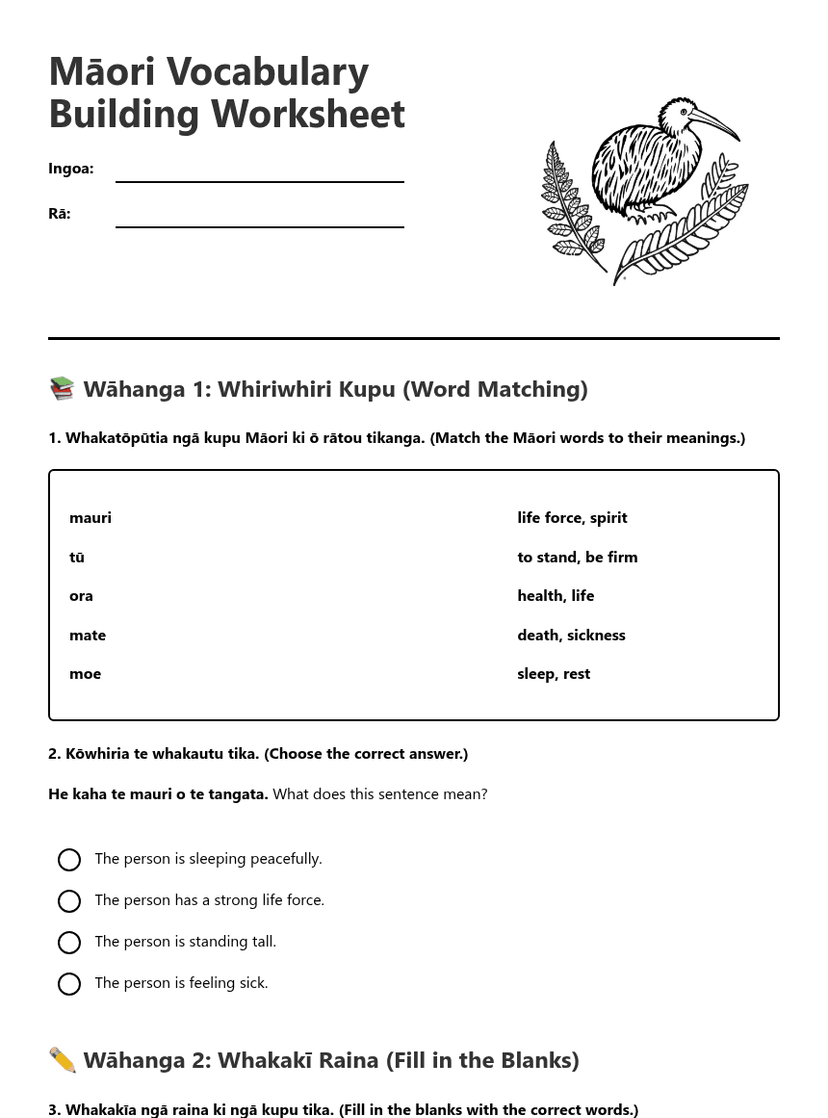 Māori Vocabulary Building Worksheet
