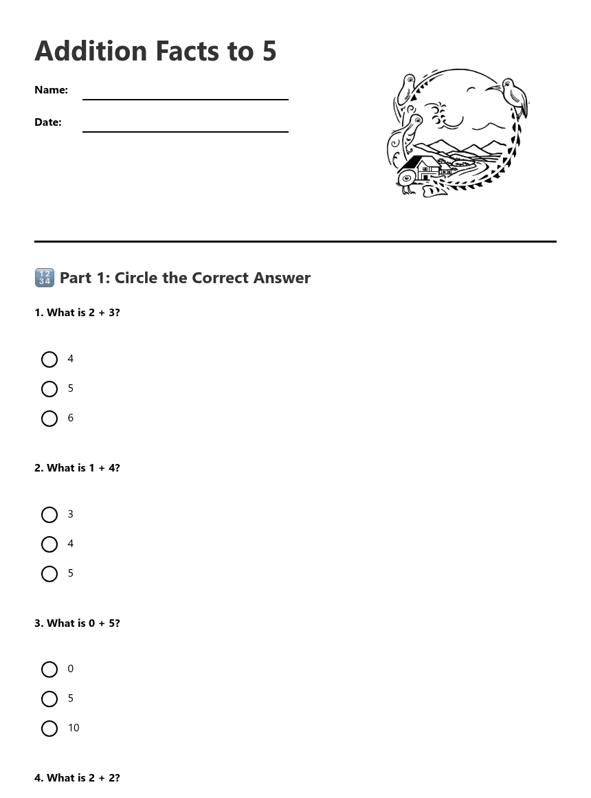 Addition Facts to 5 worksheet preview