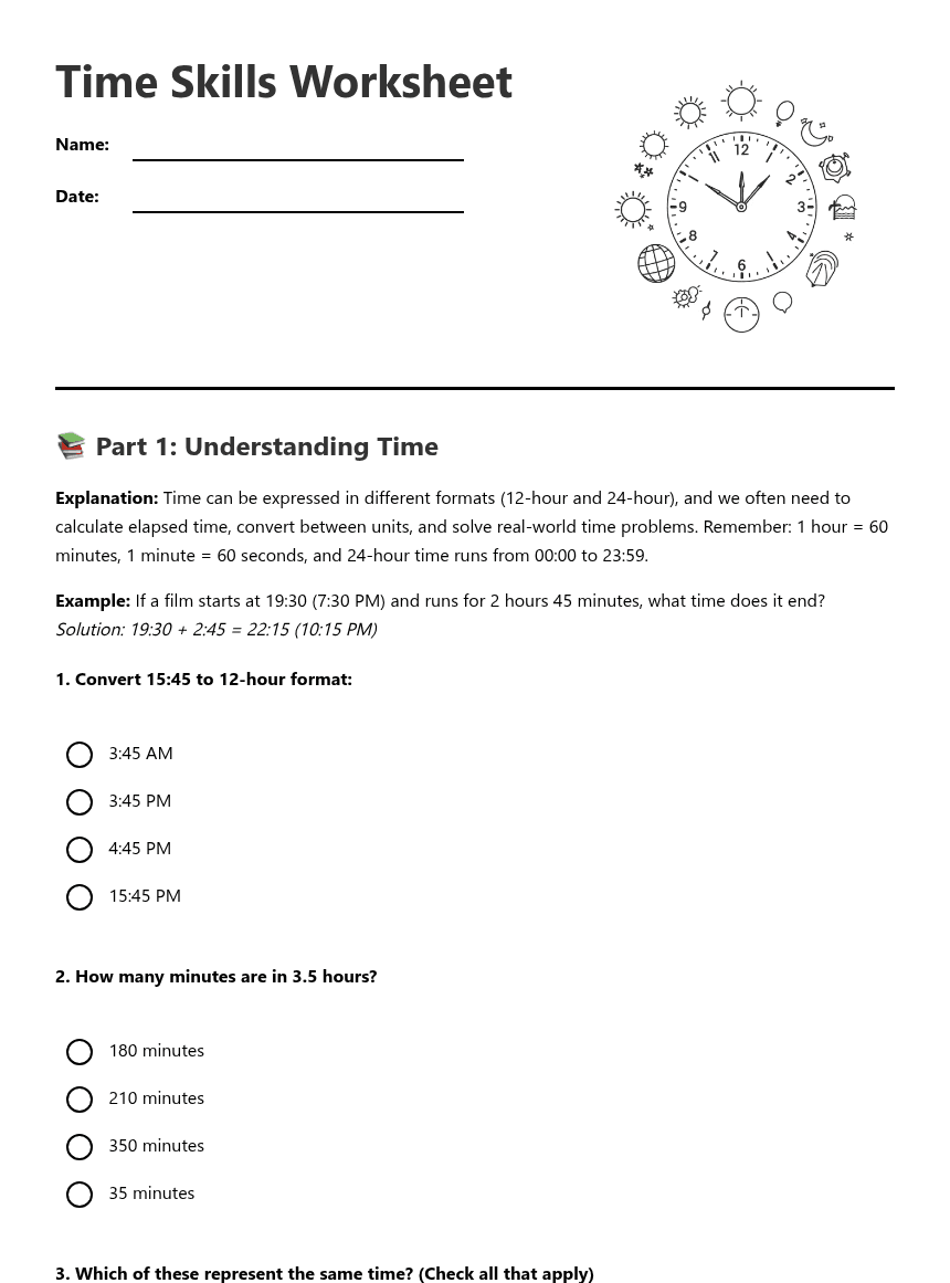 Time Skills Worksheet worksheet preview