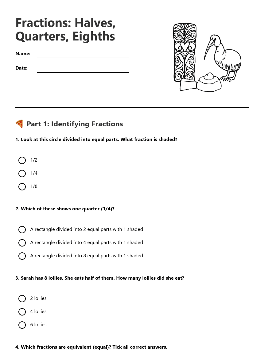 Fractions: Halves, Quarters, Eighths worksheet preview