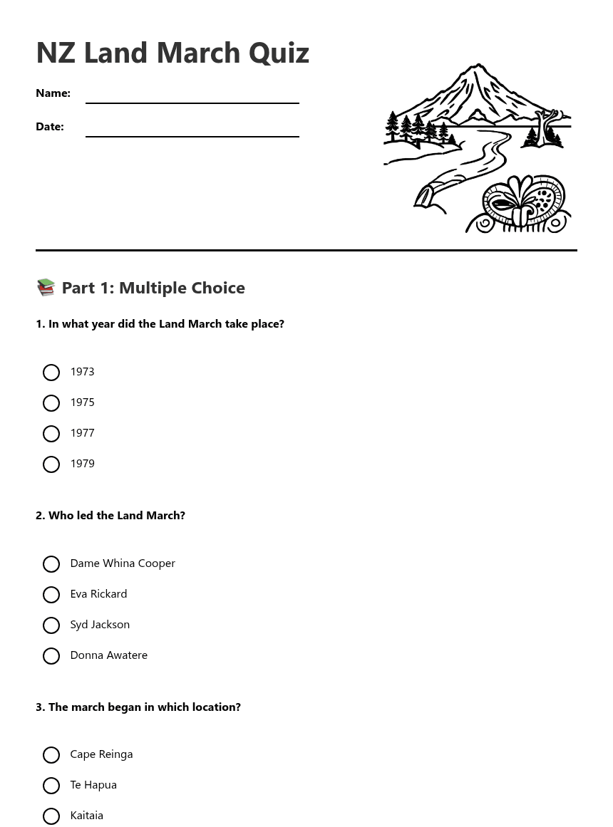NZ Land March Quiz worksheet preview