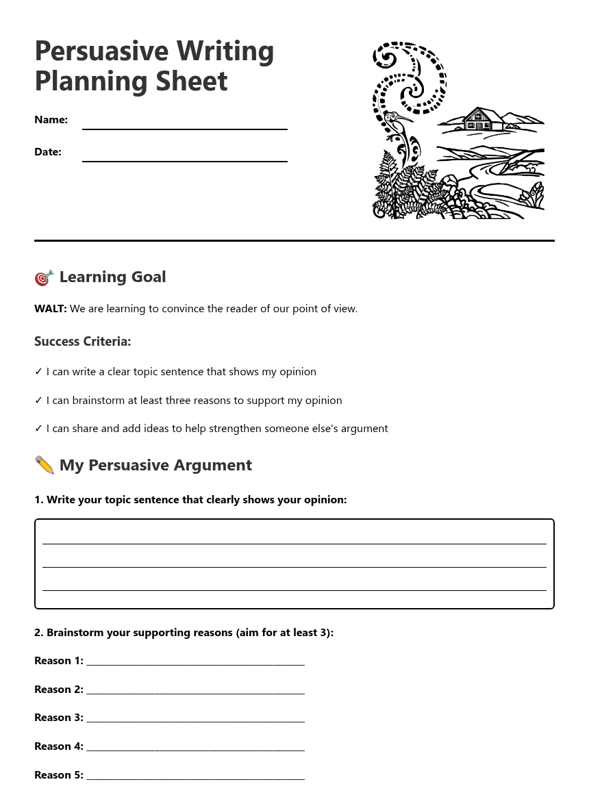 Persuasive Writing Planning Sheet worksheet preview