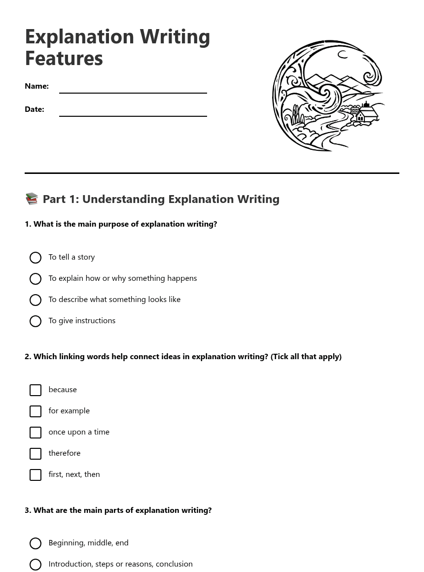 Explanation Writing Features worksheet preview