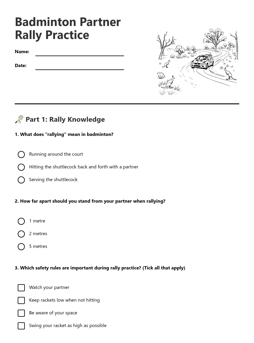 Badminton Partner Rally Practice worksheet preview