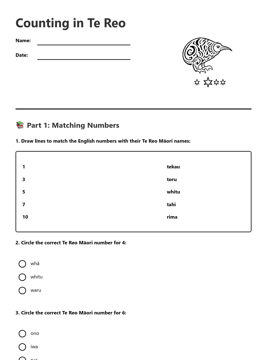 Counting in Te Reo worksheet preview