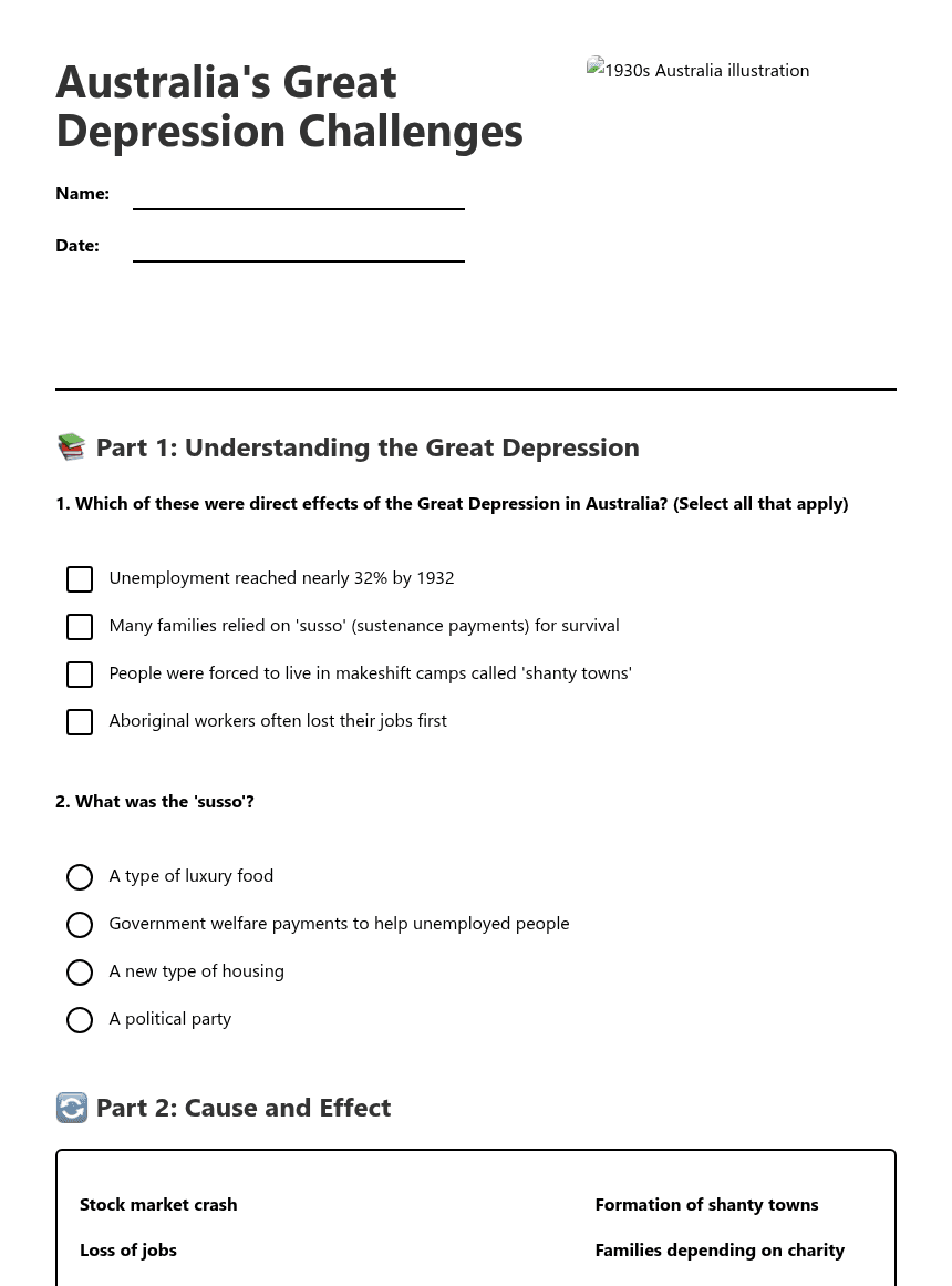 Australia's Great Depression Challenges worksheet preview
