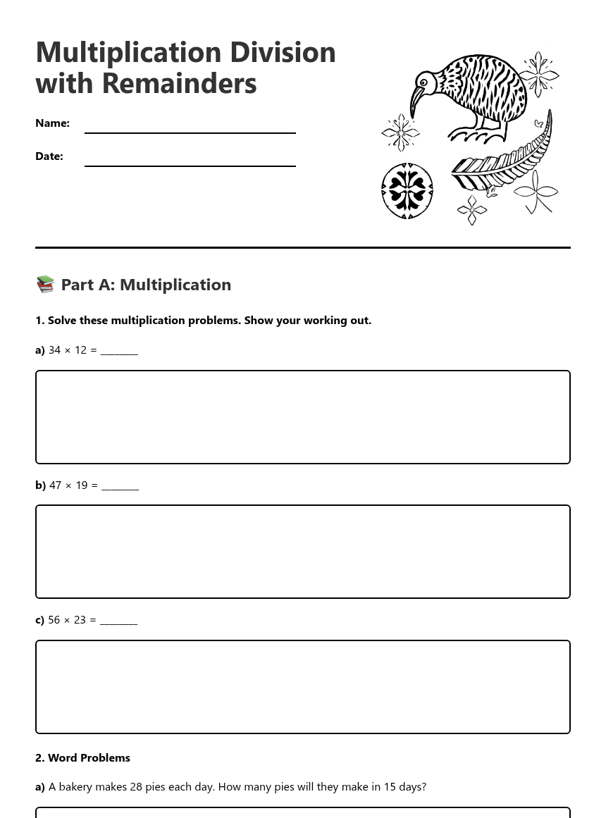 Multiplication Division with Remainders worksheet preview
