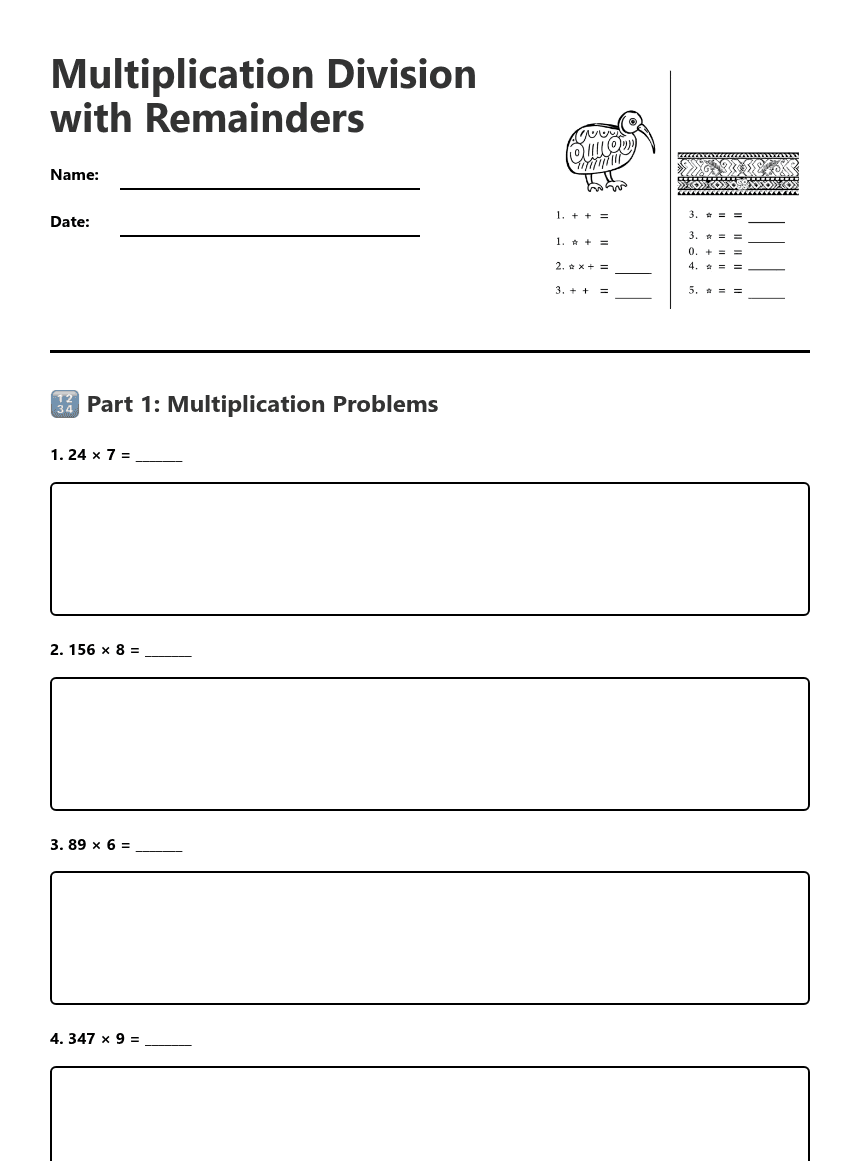 Multiplication Division with Remainders worksheet preview
