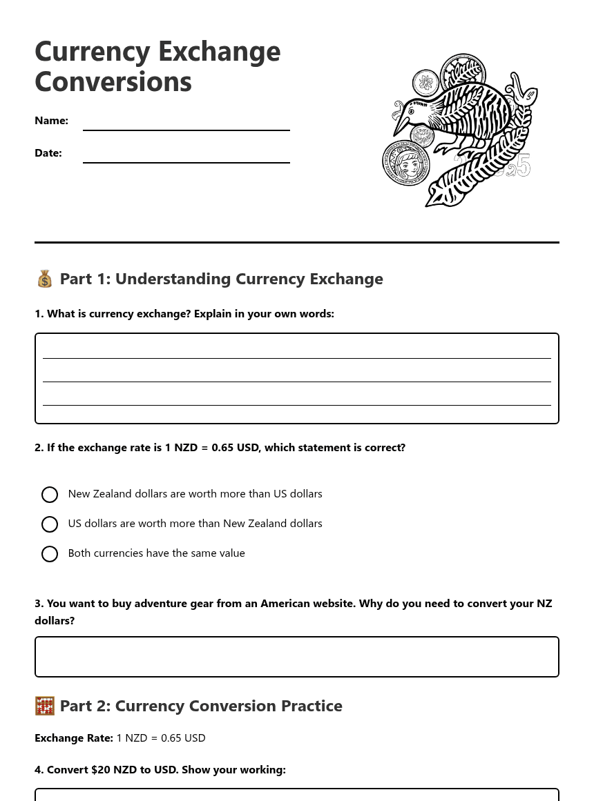 Currency Exchange Conversions worksheet preview