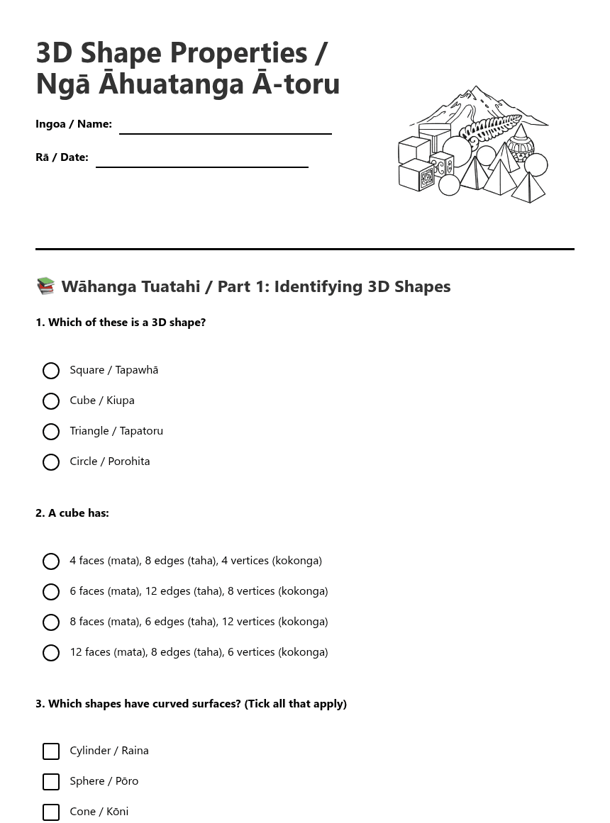 3D Shape Properties worksheet preview