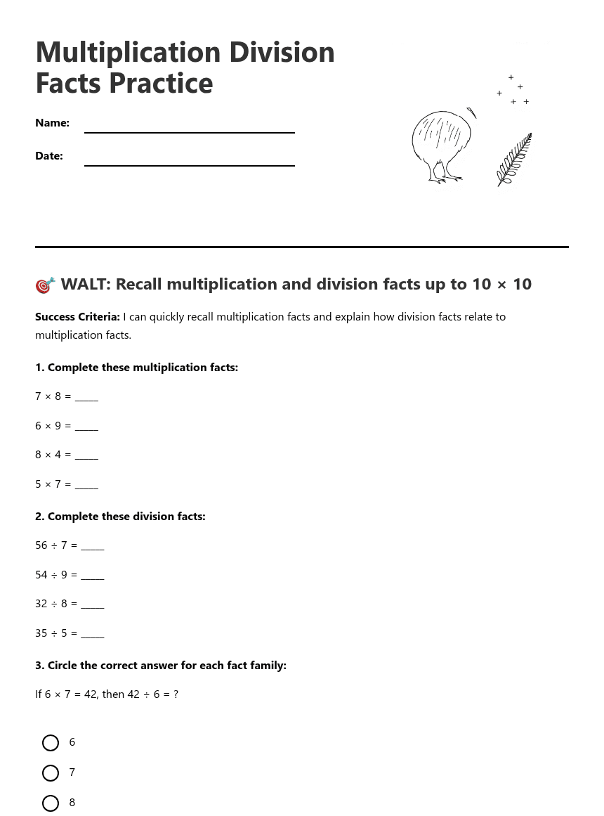 Multiplication Division Facts Practice worksheet preview