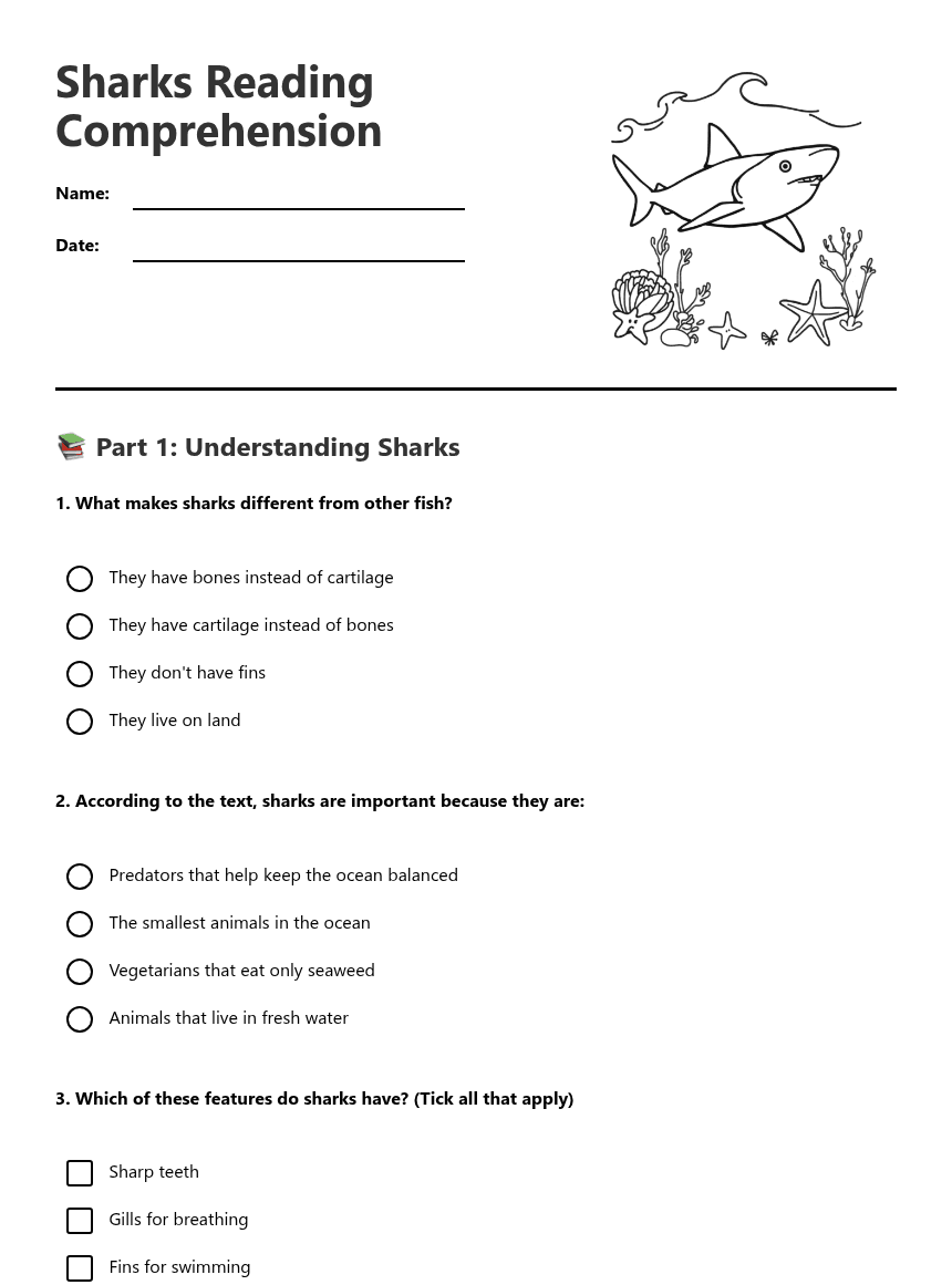 Sharks Reading Comprehension worksheet preview