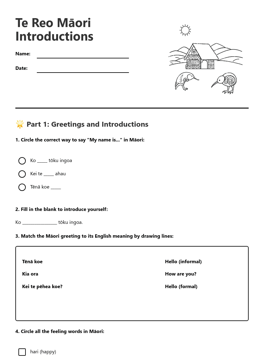 Te Reo Māori Introductions worksheet preview