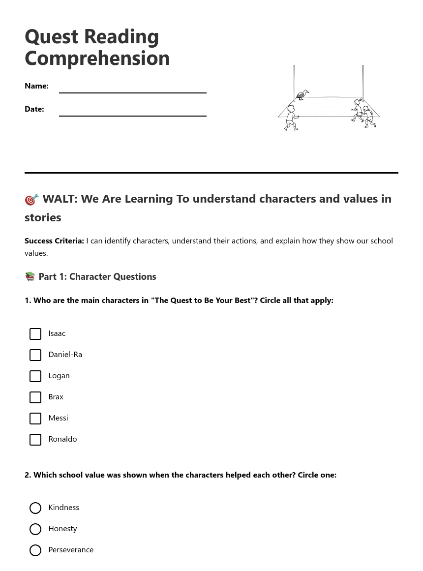Quest Reading Comprehension worksheet preview