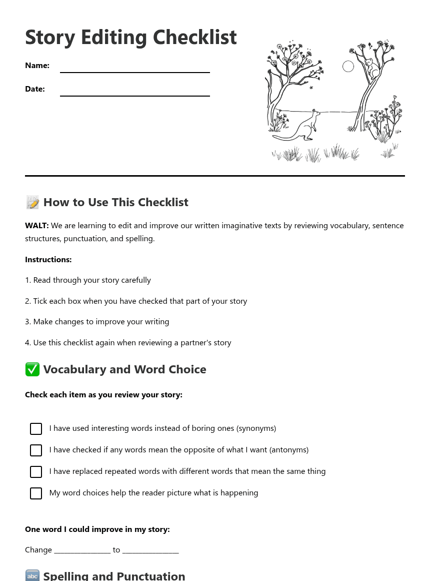 Story Editing Checklist worksheet preview