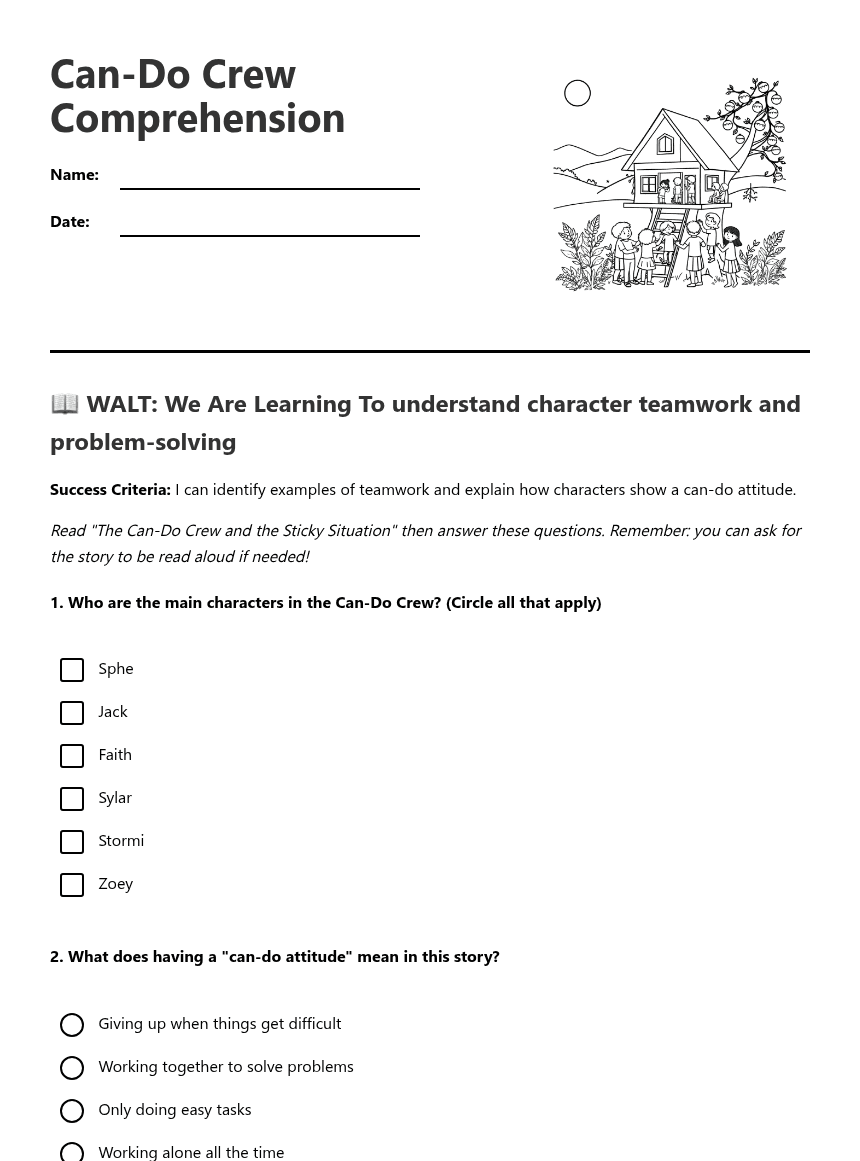 Can-Do Crew Comprehension worksheet preview