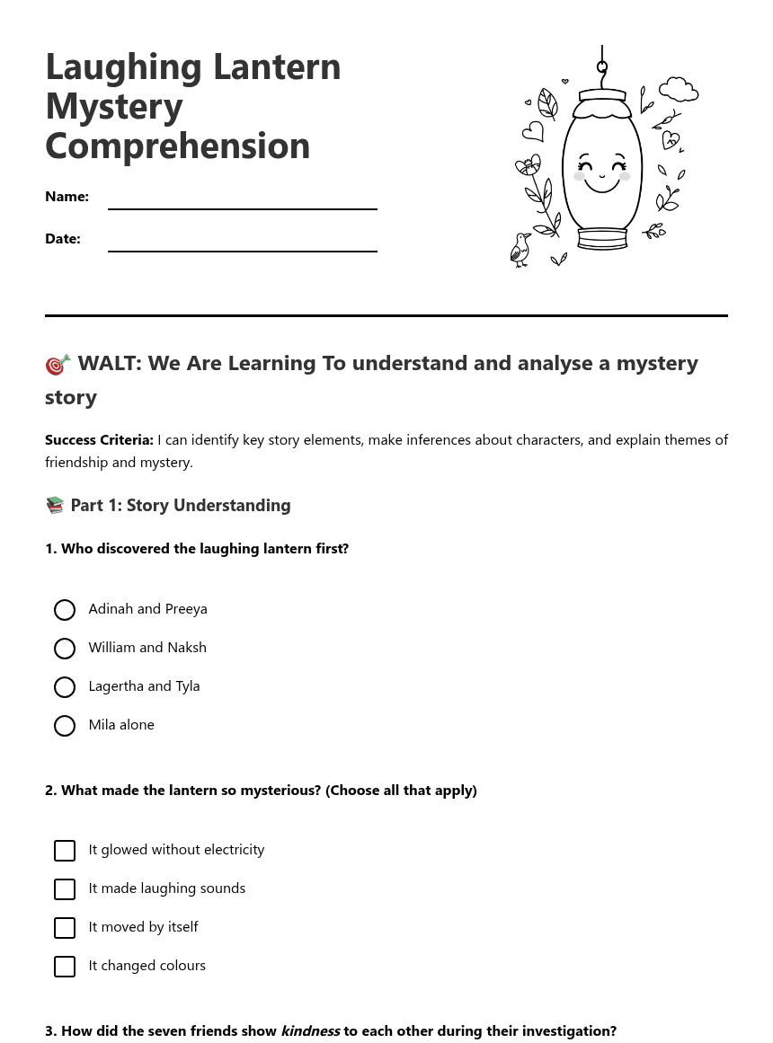 Laughing Lantern Mystery Comprehension worksheet preview