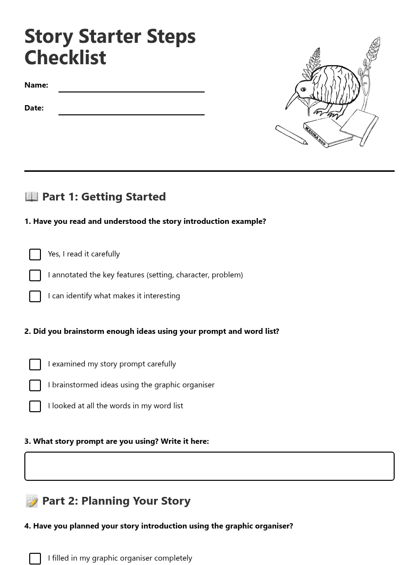 Story Starter Steps Checklist worksheet preview