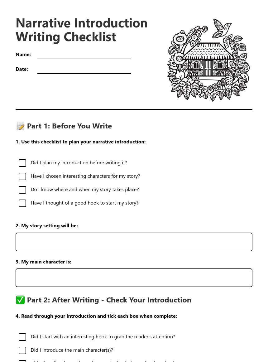 Narrative Introduction Writing Checklist worksheet preview