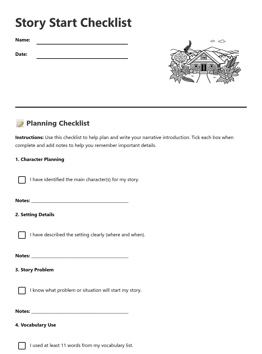 Story Start Checklist worksheet preview
