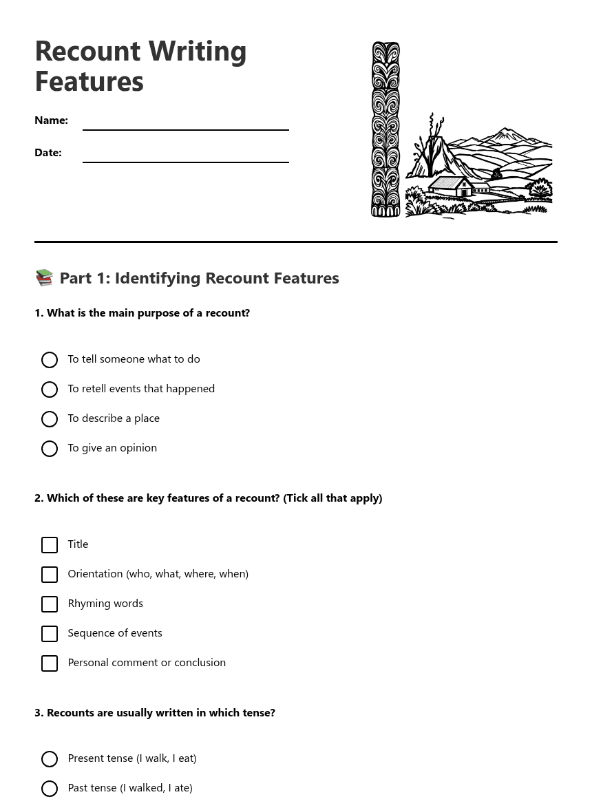Recount Writing Features worksheet preview