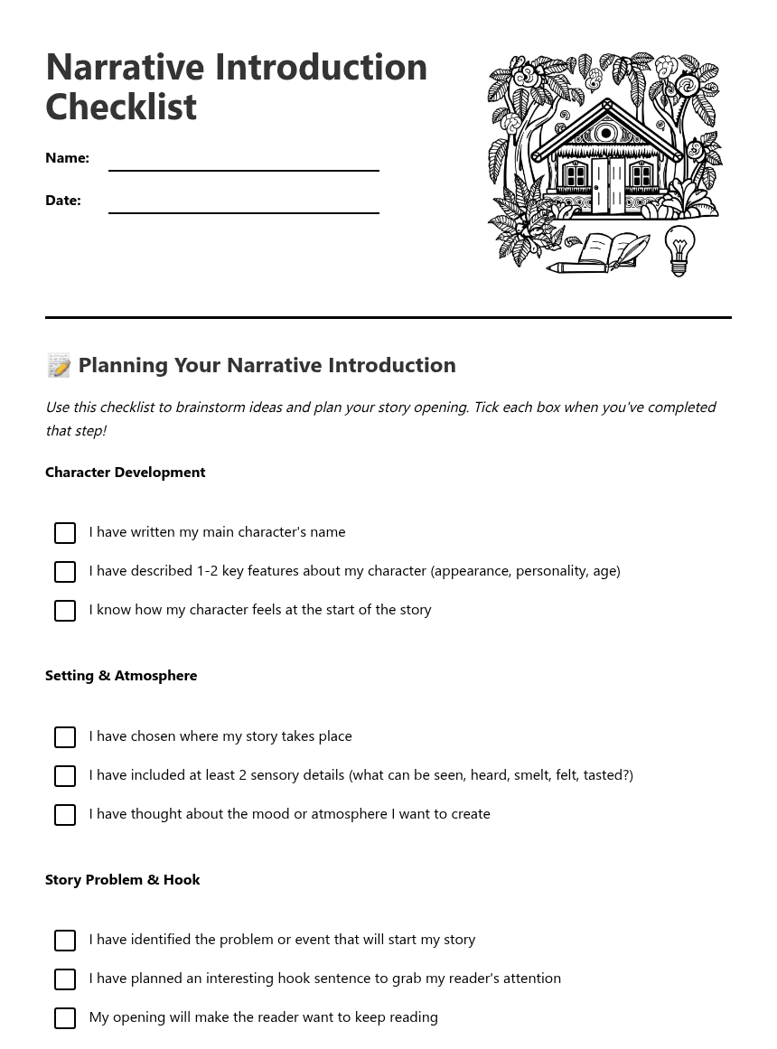 Narrative Introduction Checklist worksheet preview