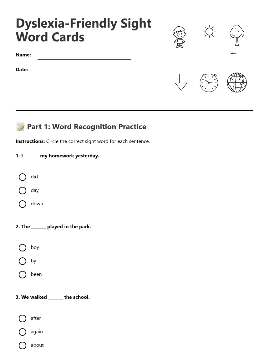 Dyslexia-Friendly Sight Word Cards worksheet preview