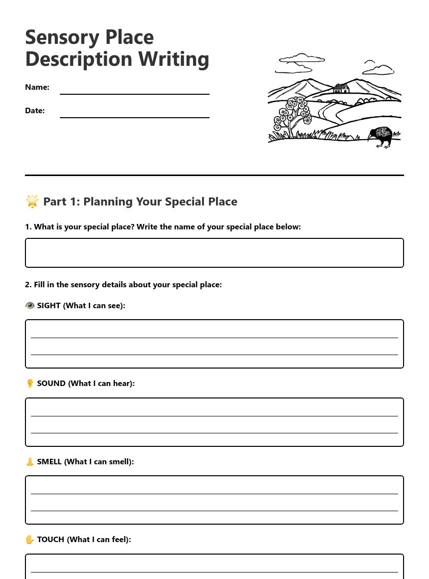 Sensory Place Description Writing worksheet preview