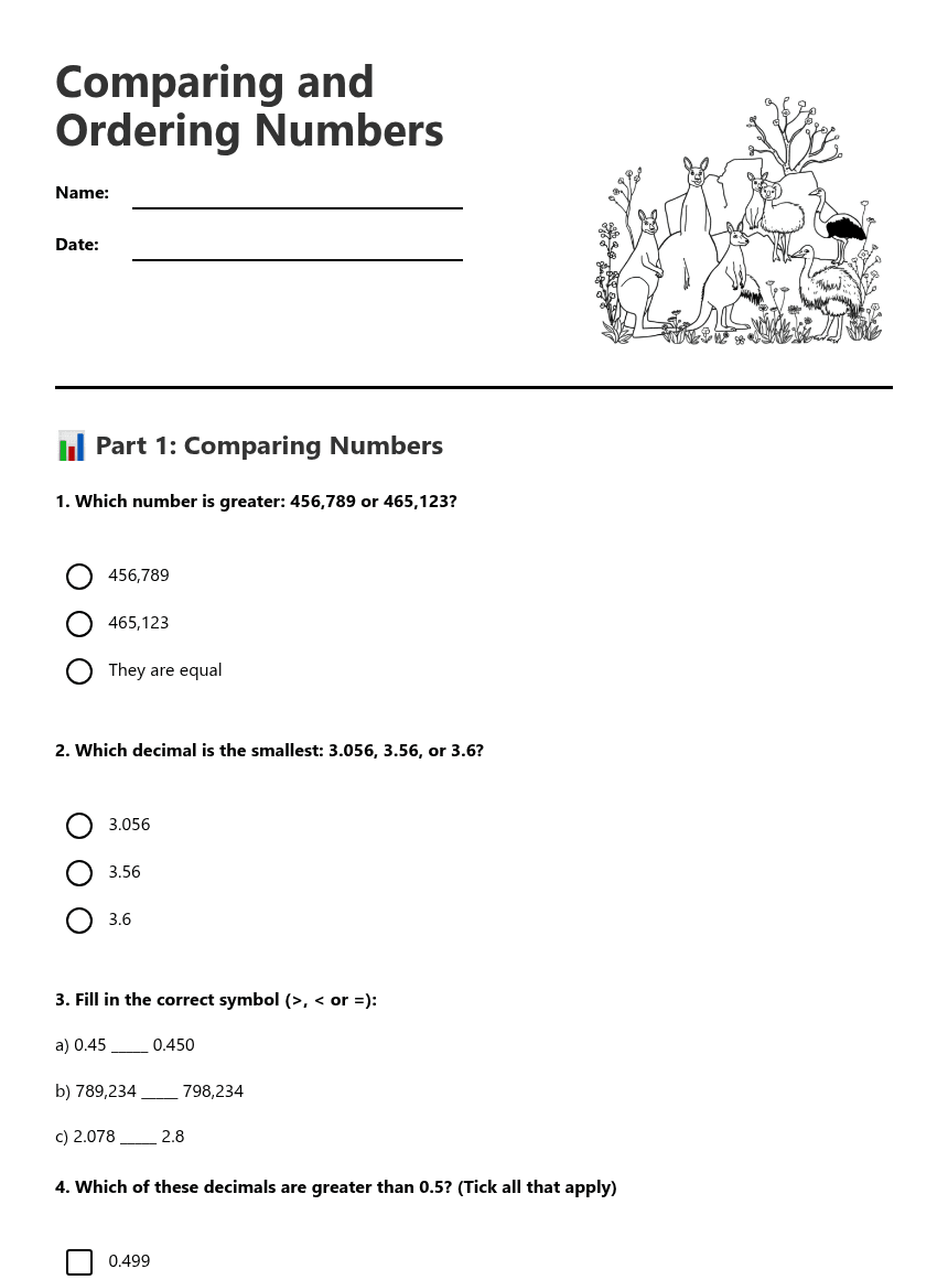 Comparing and Ordering Numbers worksheet preview