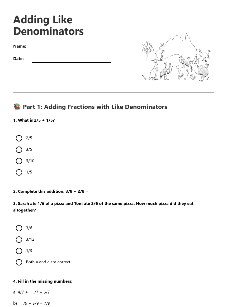 Adding Like Denominators worksheet preview