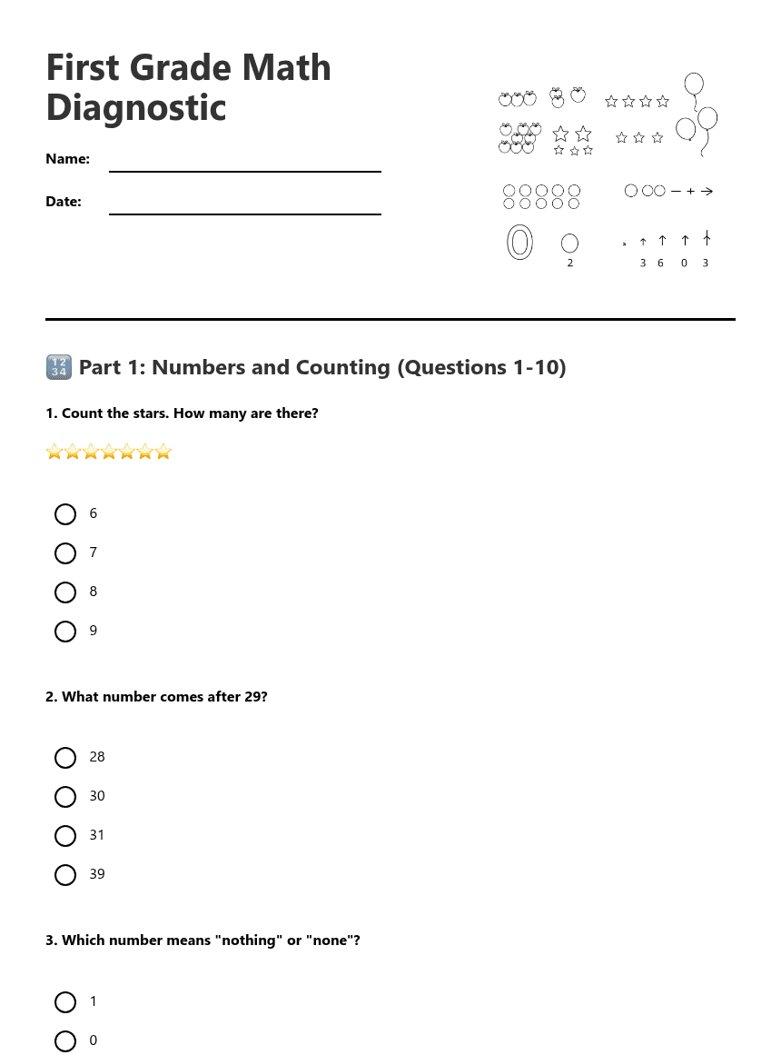 First Grade Math Diagnostic worksheet preview