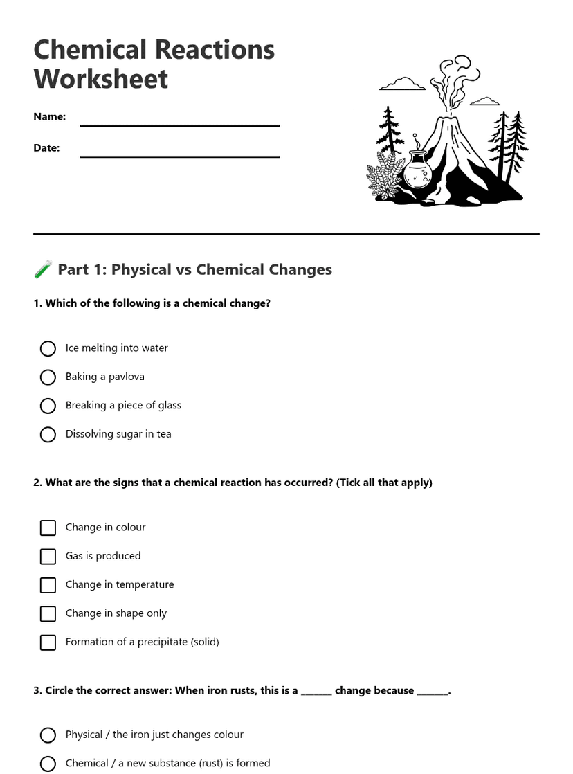 Chemical Reactions Worksheet