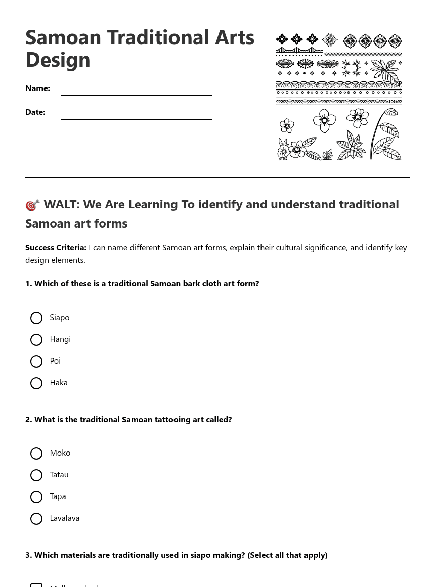 Samoan Traditional Arts Design worksheet preview