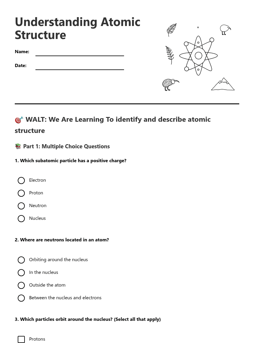 Understanding Atomic Structure worksheet preview