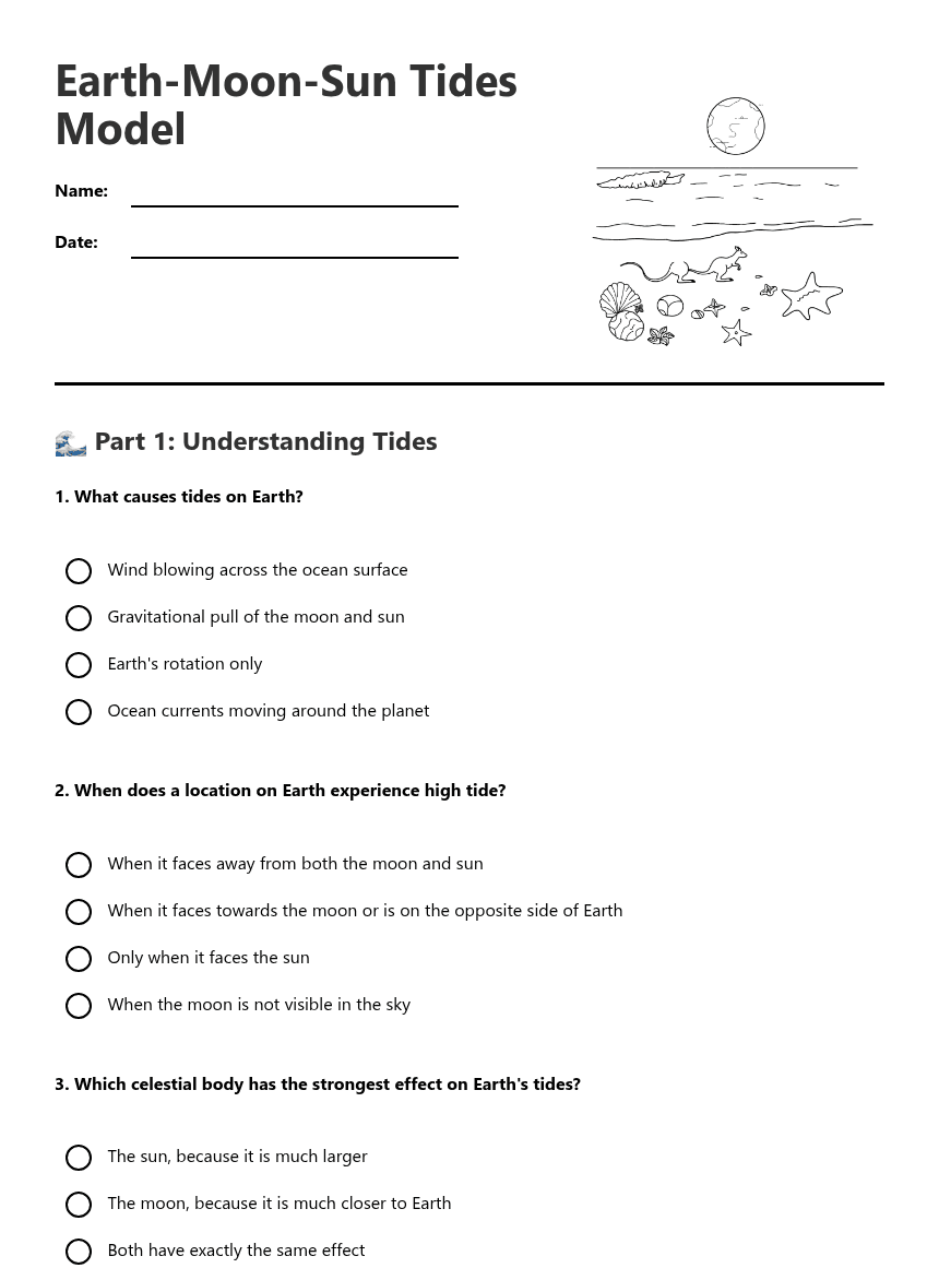 Earth-Moon-Sun Tides Model worksheet preview