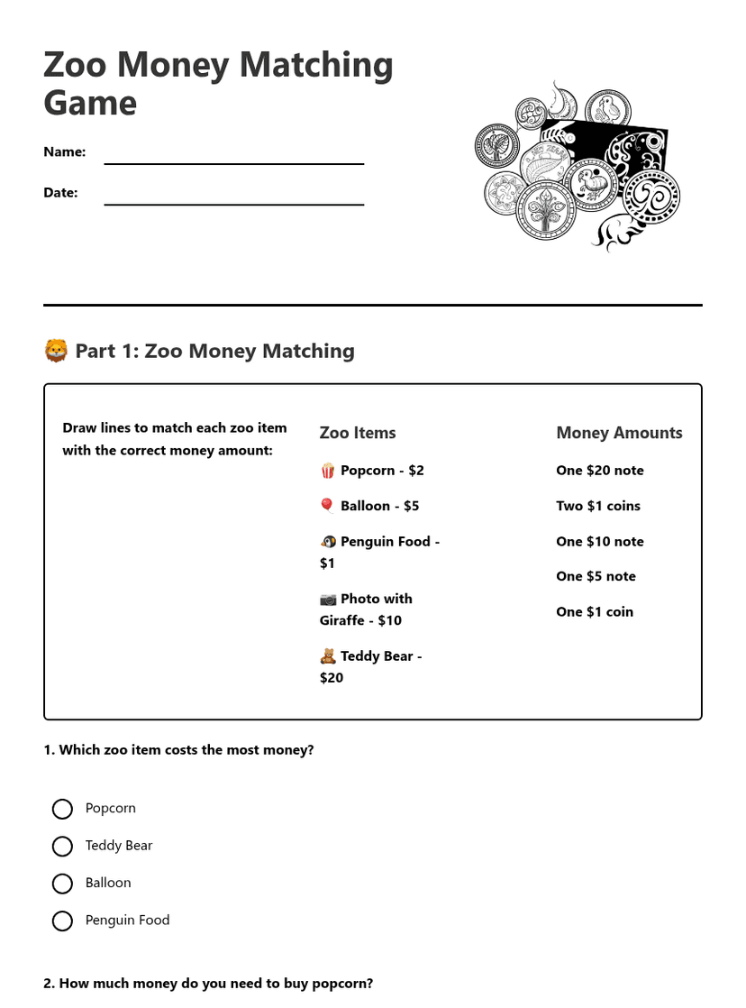 Zoo Money Matching Game