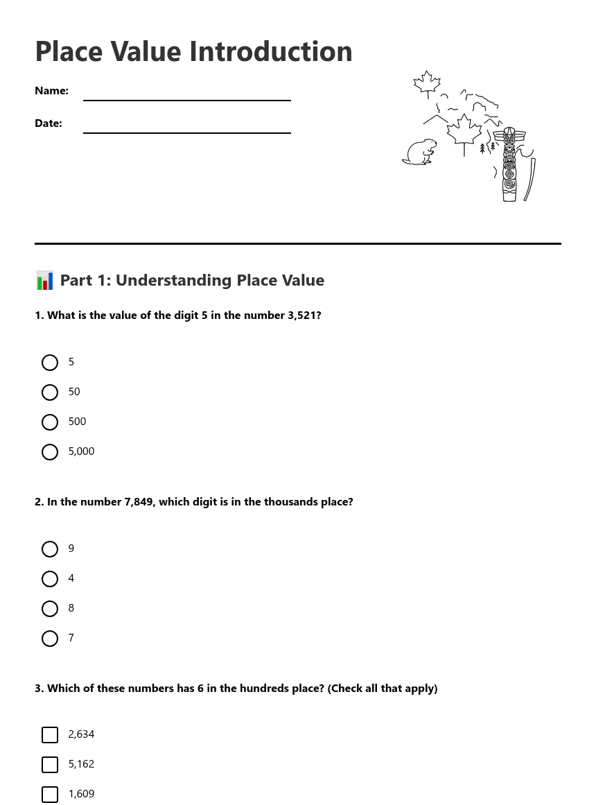 Place Value Introduction worksheet preview