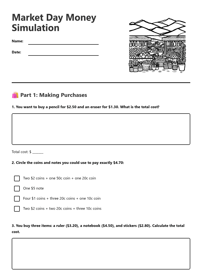 Market Day Money Simulation worksheet preview