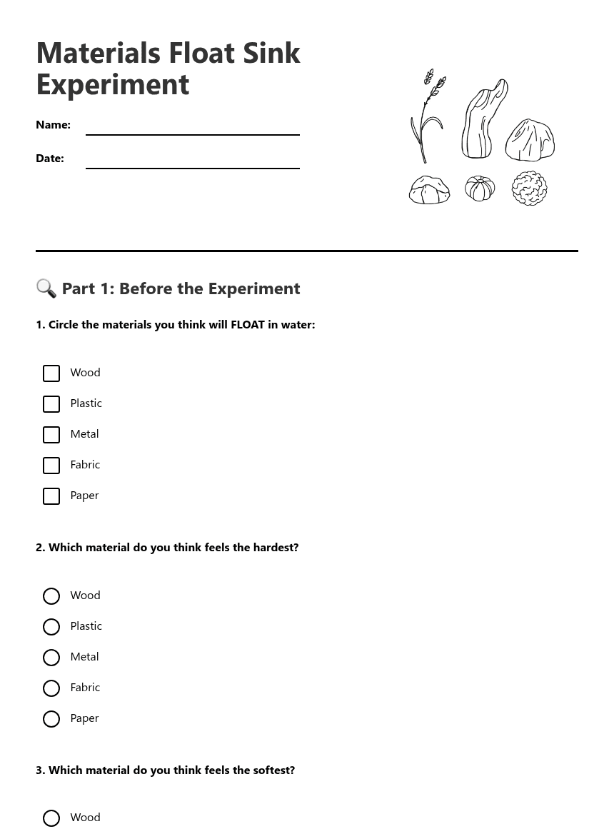Materials Float Sink Experiment worksheet preview