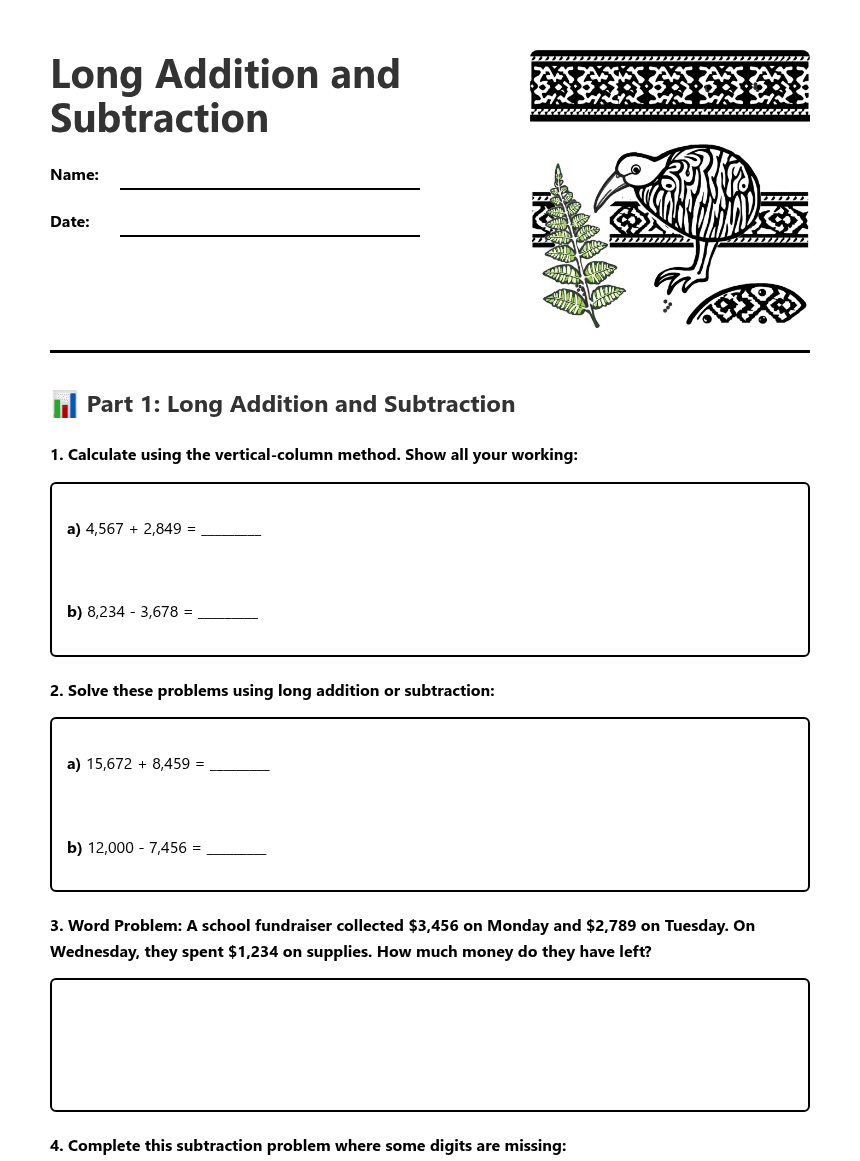 Long Addition and Subtraction worksheet preview